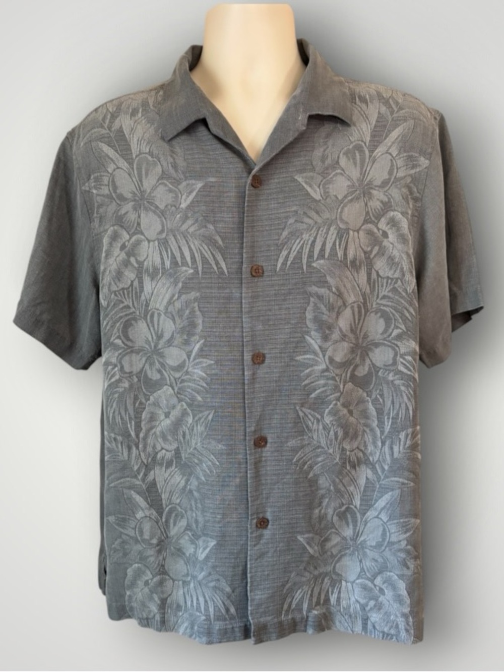 Tommy Bahama Palm Fresco Gray Silk Aloha Hawaiian Camp Shirt Short Sleeve Size L